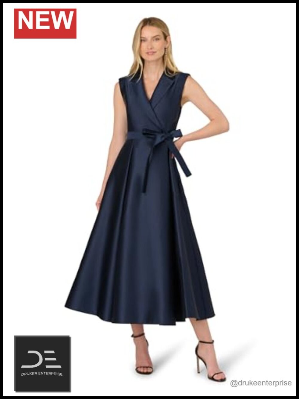 Mikado Fit and Flare Ankle Dress with Lapel V Neck Sleeveless Formal Evening